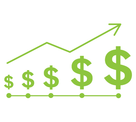 Green dollar signs increasing in size along a rising line graph