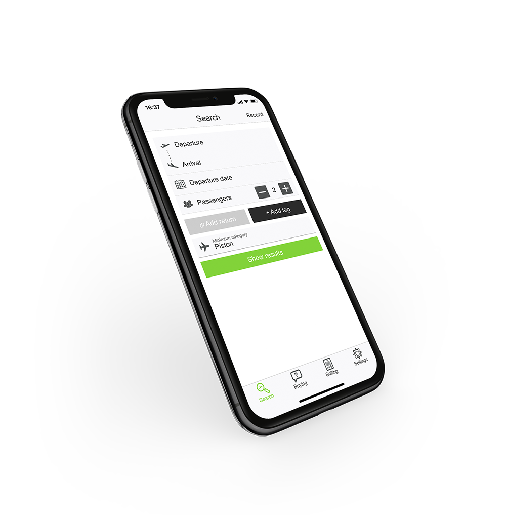 Simplified UI of the Avinode search function on an iphone