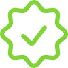 Green icon of a checkmark icon inside a star-like shape