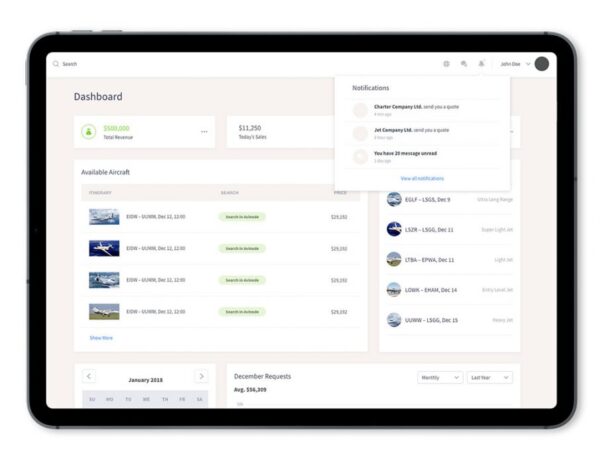 Simplified UI of the avinode dashboard on an ipad