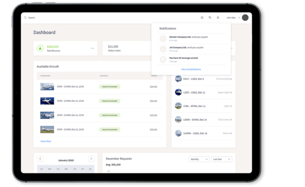 Simplified UI of the avinode dashboard on an ipad