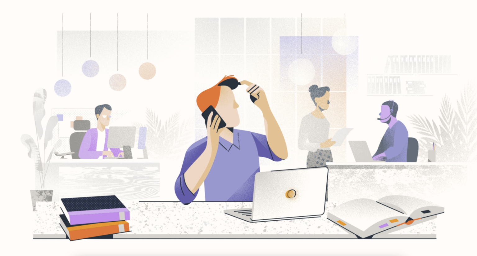 Illustrated image of a man working on a computer and speaking on the phone, in the background people are working