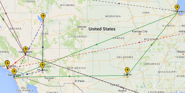 A zoomed-in image of a US map with yellow pinpoints in major US cities