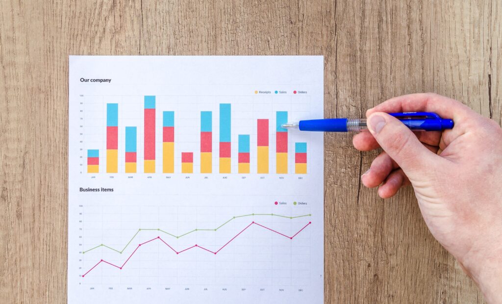 A hand holding a blue pen points at a colorful bar chart and line graph on paper