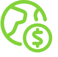 Green icon of a globe with a round currency coin