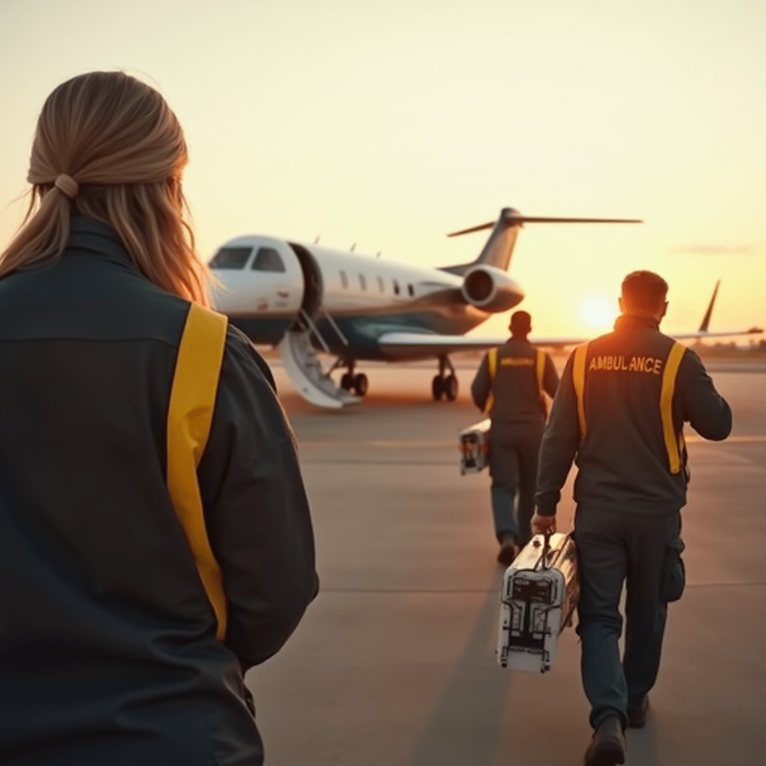 A small team of people in medic clothes towards jet.