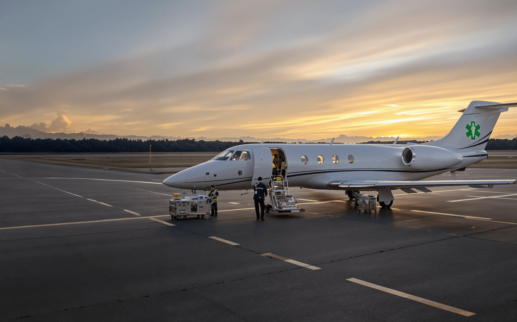 White air ambulance on a runway