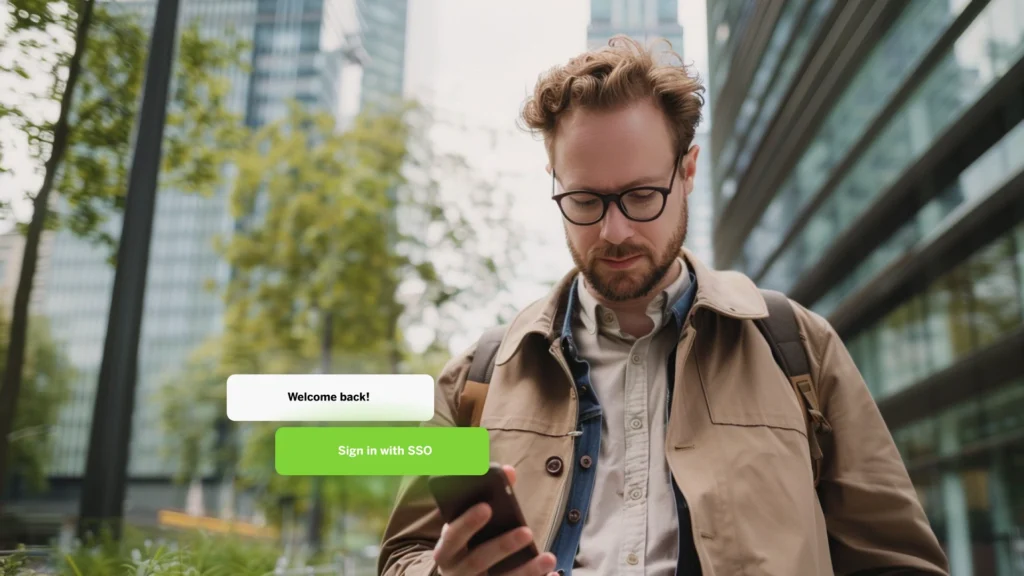 Man walking, looking at phone and using single-sign-on (SSO) to log in to application