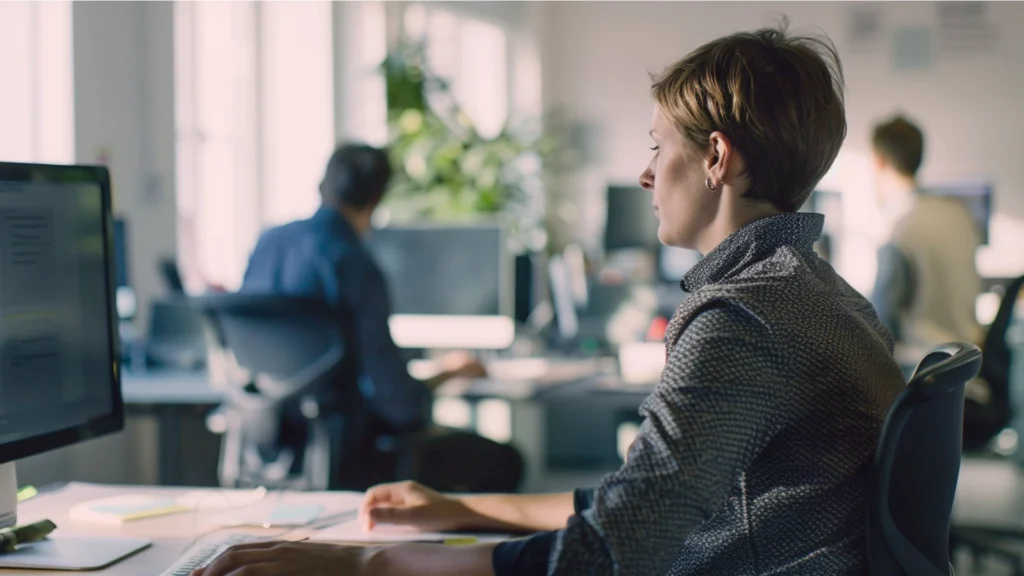 Women working at desk with coworkers in the background, slightly blurred