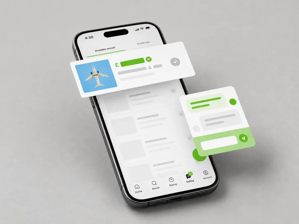 UI product mockup of Avinode available aircraft on mobile.