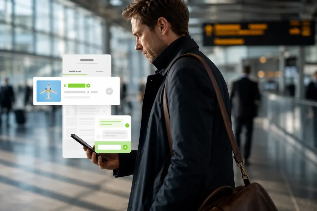 Image of a man at an airport looking at his phone for available aircraft on Avinode.
