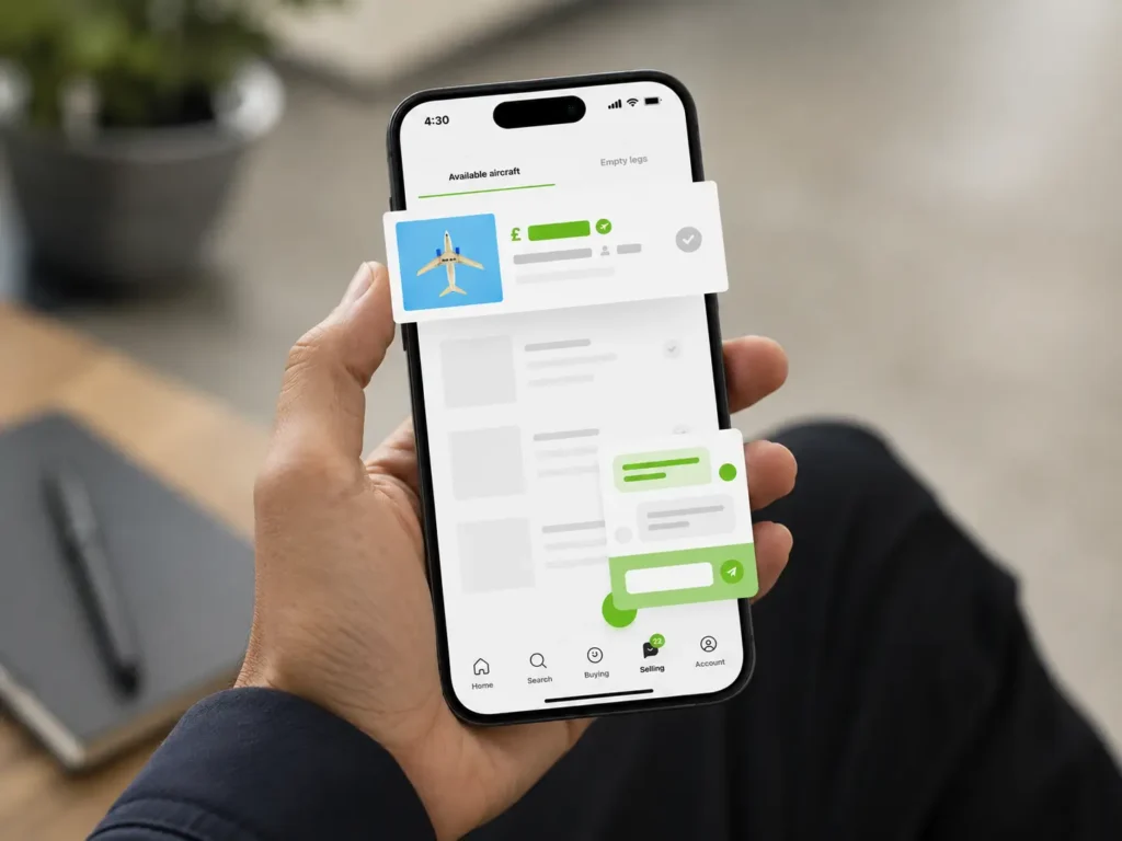 Mockup mobile image of Avinode available aircraft with a desk in the background.