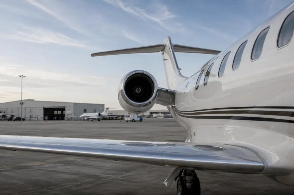 Close-up image of the tail and wing of an airplane on the tarmac.