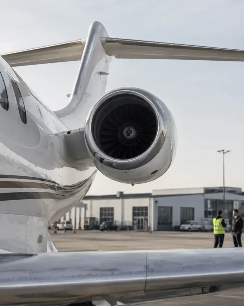 Vertical image of a plane on a runway with crew standing by its side.
