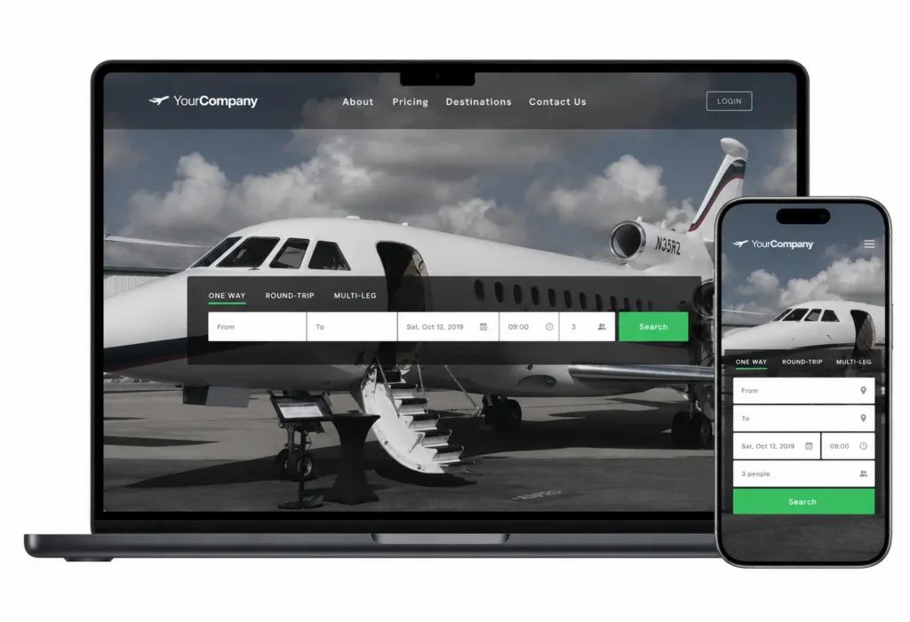 Mockup image of a custom website using Avinode APIs on a desktop and mobile.
