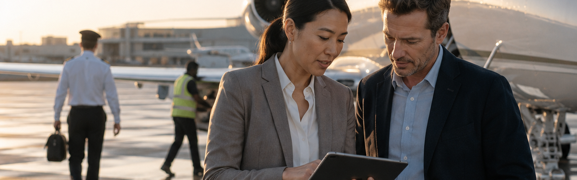 Image of an Asian woman and Caucasian man on a runway
