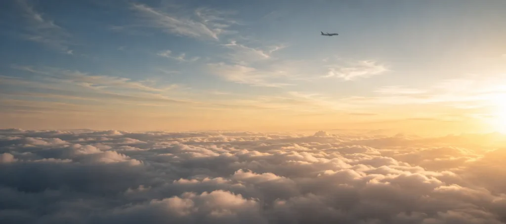 Hero image of a plane high in the distance flying over clouds during sunset.