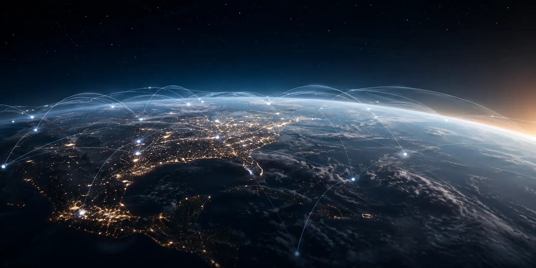 Satellite image of the world at night with API nodes.