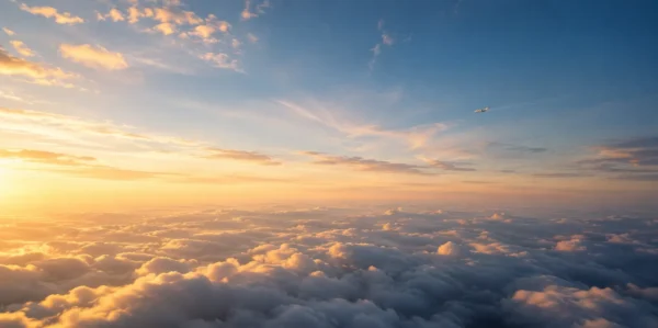 Hero image of a sunset above the clouds with an aircraft flying in the distance.