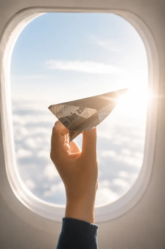 Image of a paper plane in front of an airplane window, looking out at the clouds.